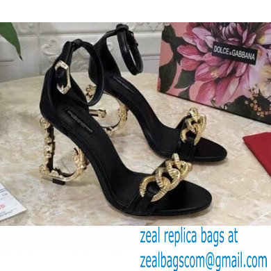 Dolce & Gabbana Heel 10.5cm Leather Chain Sandals Black with Baroque D & G Heel 2021
